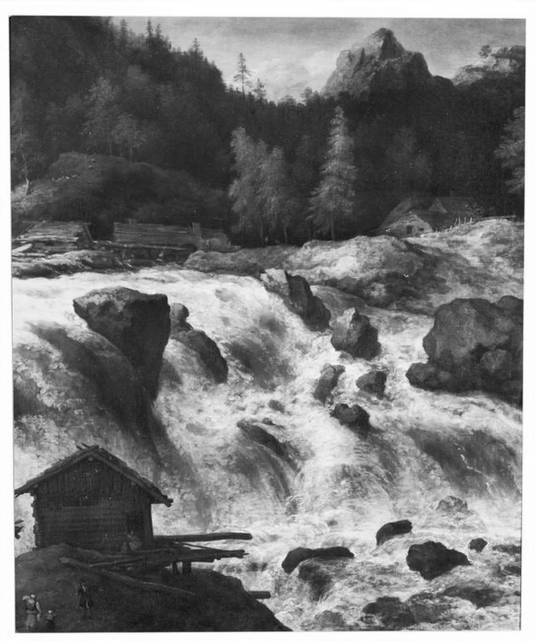 Cascata con cime montuose
